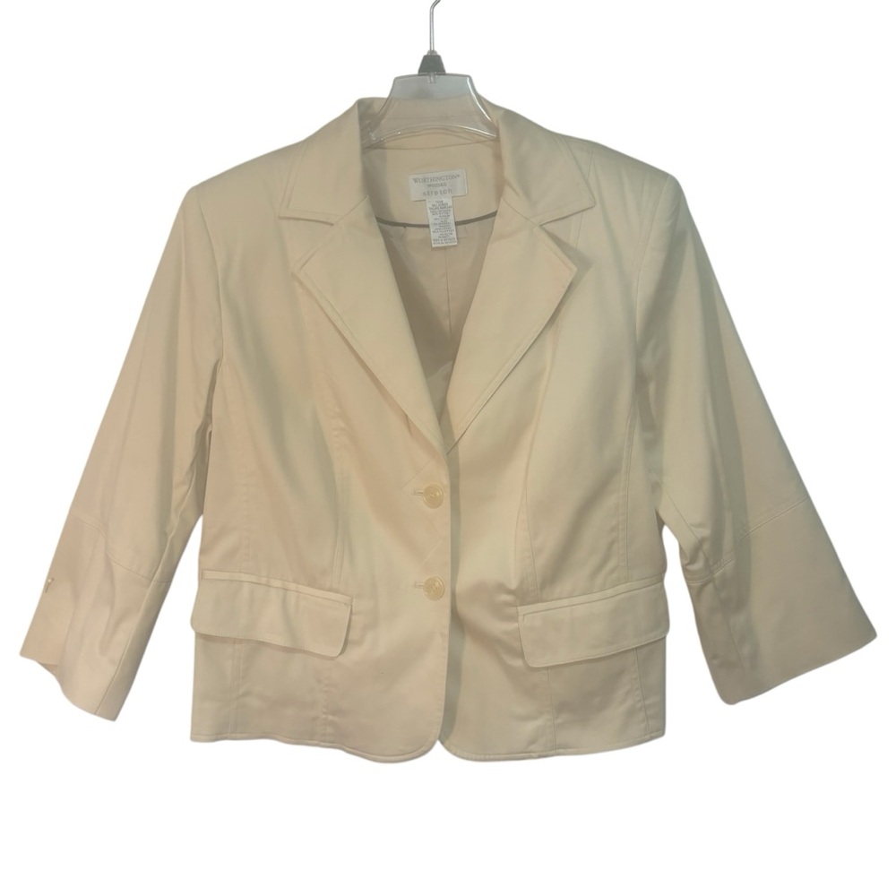 Worthington Woman Stretch 14W Cream Blazer Jacket  3/4 sleeves buckle in back